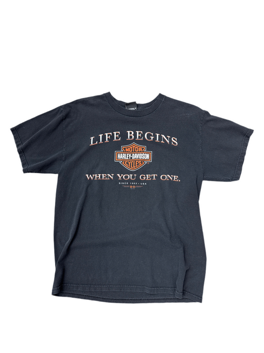 Vintage 2000's Life Begins When You Get A Harley Black Tee