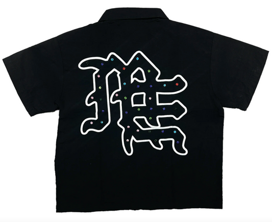 Mixed Emotion Rhinestone Zip Up Shirt Black