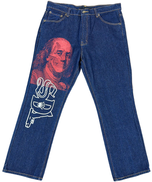 Skys Da Limit Red/White Benjamin Skull Face Dark Denim Jeans