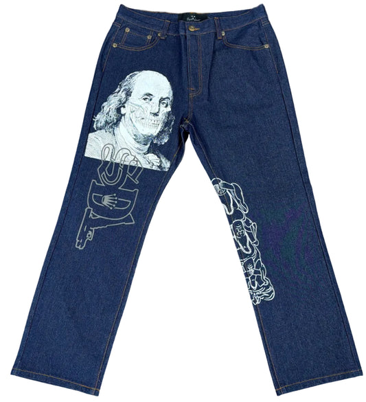 Skys Da Limit White/Grey Benjamin Skull Face Dark Denim Jeans