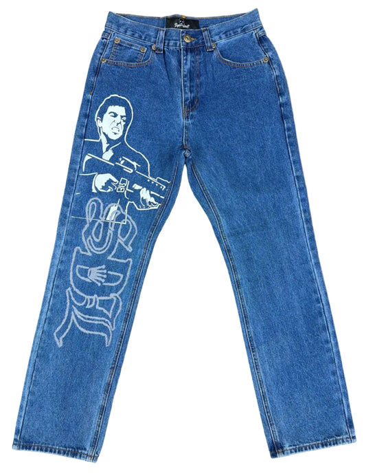 Skys Da Limit White/Grey Scarface Light Wash Denim Jeans