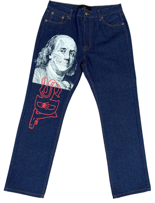 Skys Da Limit White/Red Benjamin Skull Face Dark Denim Jeans