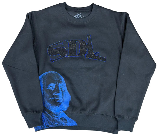 Sky's Da Limit Blue Rhinestone Crown Black Crewneck