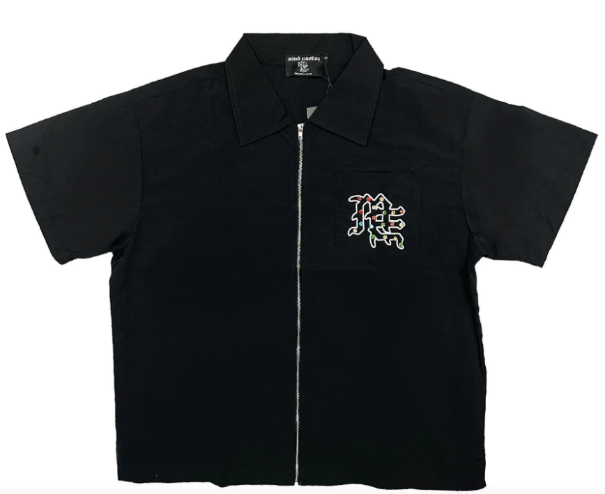 Mixed Emotion Rhinestone Zip Up Shirt Black