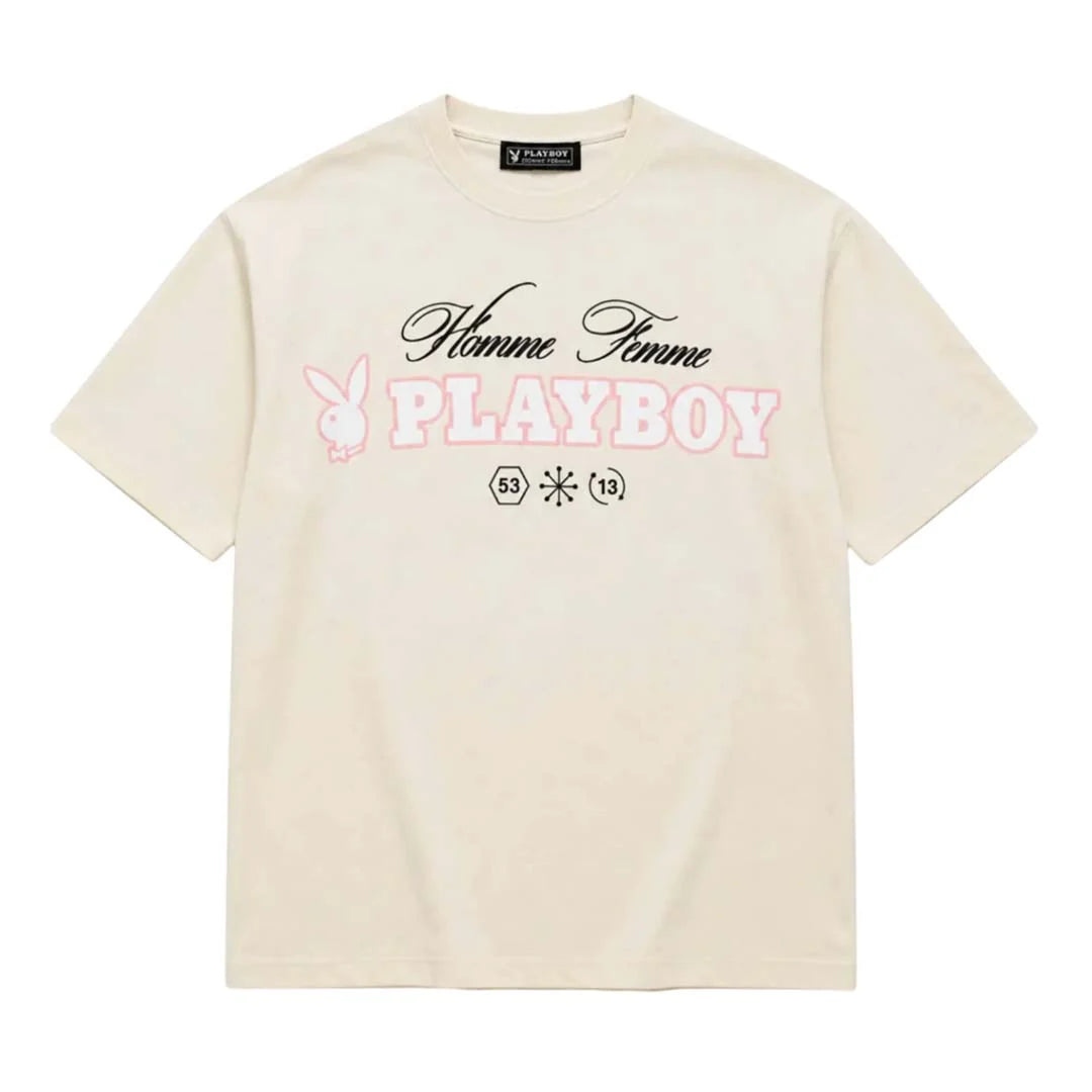 Homme Femme Playboy Spell Out Cream Pink Tee